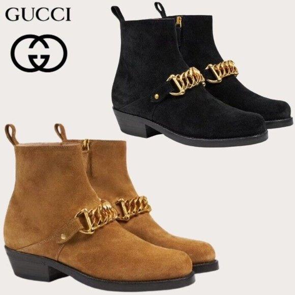 NEW GUCCI Tan Suede Chain-Link Ankle Boots Shoes Size 40 Cowboy Brown - Picture 2 of 10
